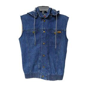 90s Badge denim sleeveless hooded jacket . Youth size M (12 / 14)